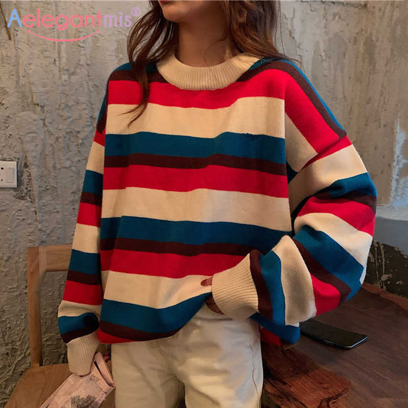 

Aelegantmis Autumn Oversized Loose Women Knitted Pullovers Sweaters Female Long Sleeve Striped Rainbow Sweater Ladies Jumpers 210607, As shown