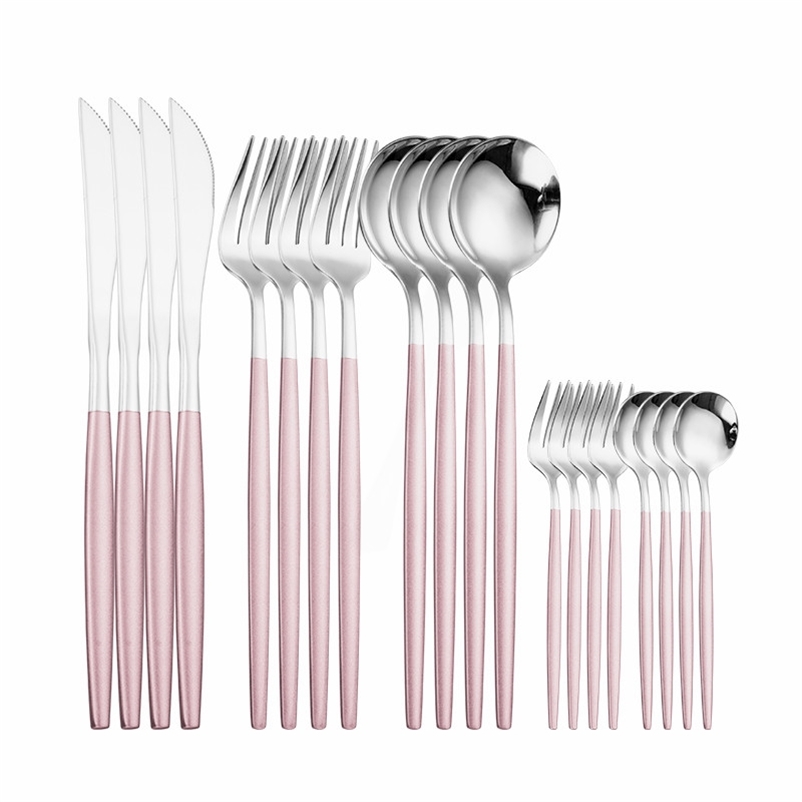 

20piece Pink Cutlery Set Stainless Steel Tableware Set Kitchen Set Dinnerware Pink Silver Dinner Utensils Reusable Home Flatware 210317