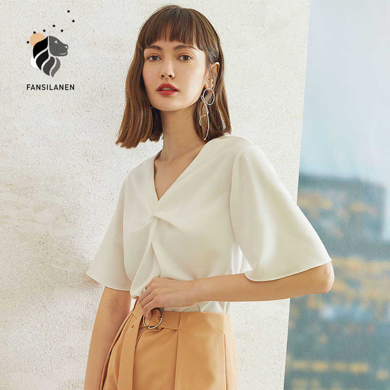 

FANSILANEN Twist elegant white chiffon blouse shirt Women v neck short sleeve sexy top Female summer casual streetwear 210607, Orange