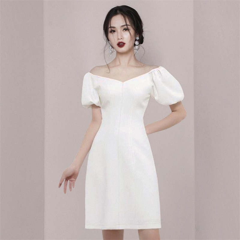 

Fashion Summer Dress Sexy Off Shoulder Puff Sleeve Women White Slim Chic Dresses Vestidos 210520, Photo color
