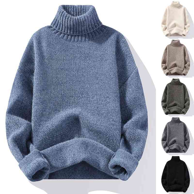 

men's thin solid color casual sweater, long sve, keep warm, high neck, White;black
