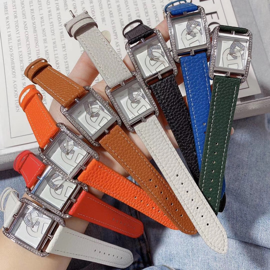 

Fashion Brand Watches for women Lady girl crystal Rectangle style Leather strap quartz wrist watch HE02, Rose gold white