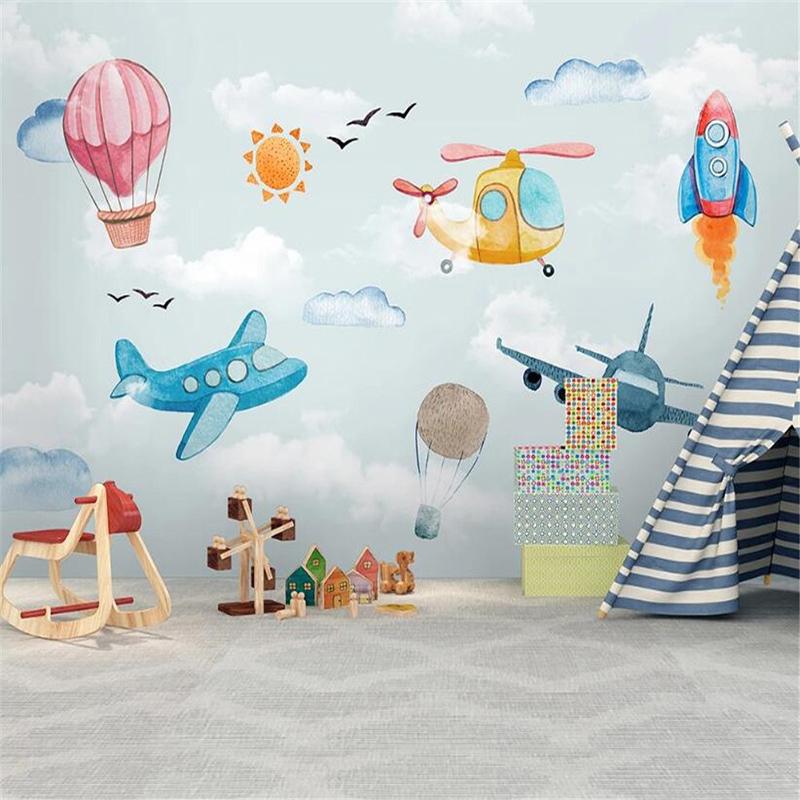 

Custom Po Wallpaper Nordic Minimalist Hand-painted 3D Cartoon Air Balloon Airplane Children's Room Background Wall Papers Wallpapers