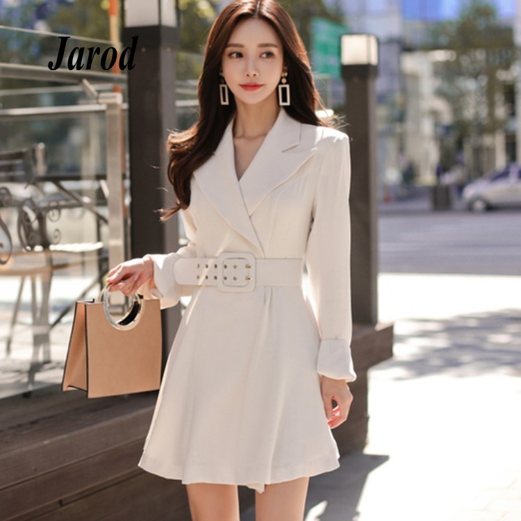 

Autumn Women white Double-Breasted Short Dress Formal Long Sleeve Notched Collar Slim Dress Casual High Waist Dress 210518, Picture color