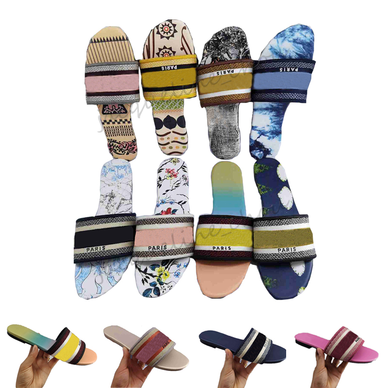 

Fashion women designer embroidered slippers open toe printing summer beach slides sandals flat heel flip-flops size 35-42, 1#