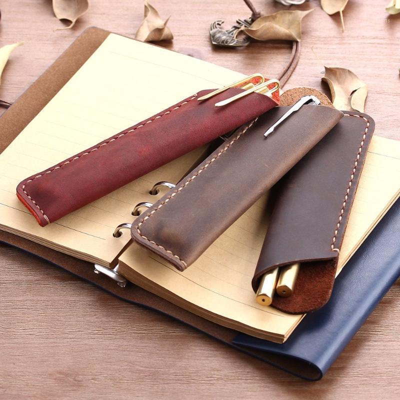 

Pencil Cases 1pc Genuine Leather Pen Holder Vintage Fountain Ballpoint Bag Portable Double Case Cute Pouch Office1