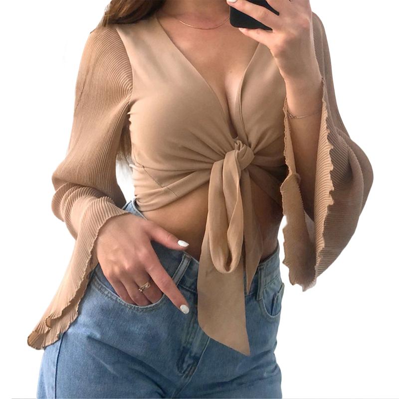 

Women's T-Shirt Women Solid Color Cardigan Polyester Long Flared Sleeves Plunging Neckline Crop Tops White Green Khaki