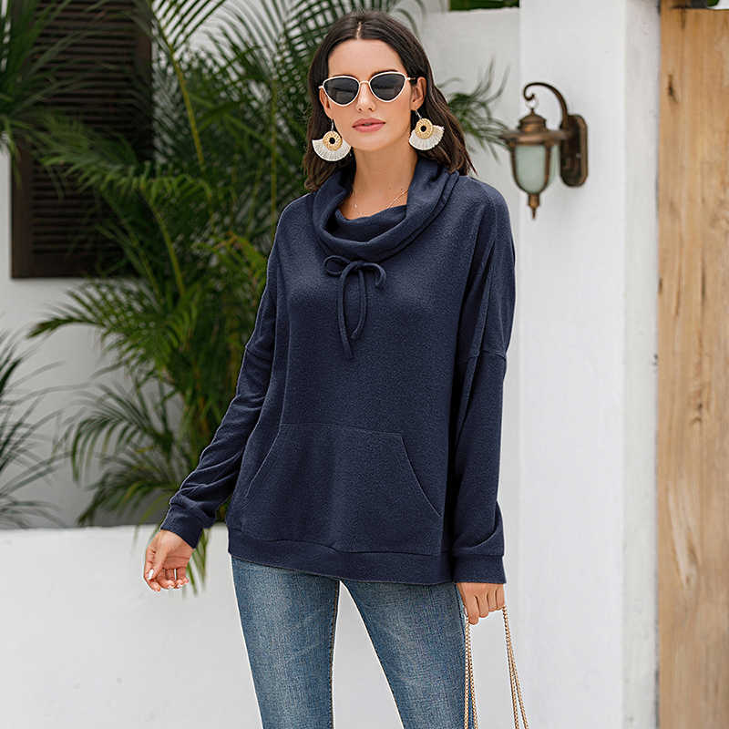 

Autumn Winter Solid Color Pocket Draw String Long Sleeve Pullovers Sweatshirt Women Casual Loose Streetwear Fleece Tops 210608, Apricot