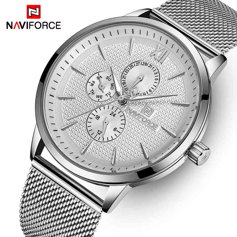 

NAVIFORCE Top Brand Luxury Men Watch Business Quartz Watches Men's Stainless Steel Mesh Clock Male Date Sports Wristwatch 210517, Silver white