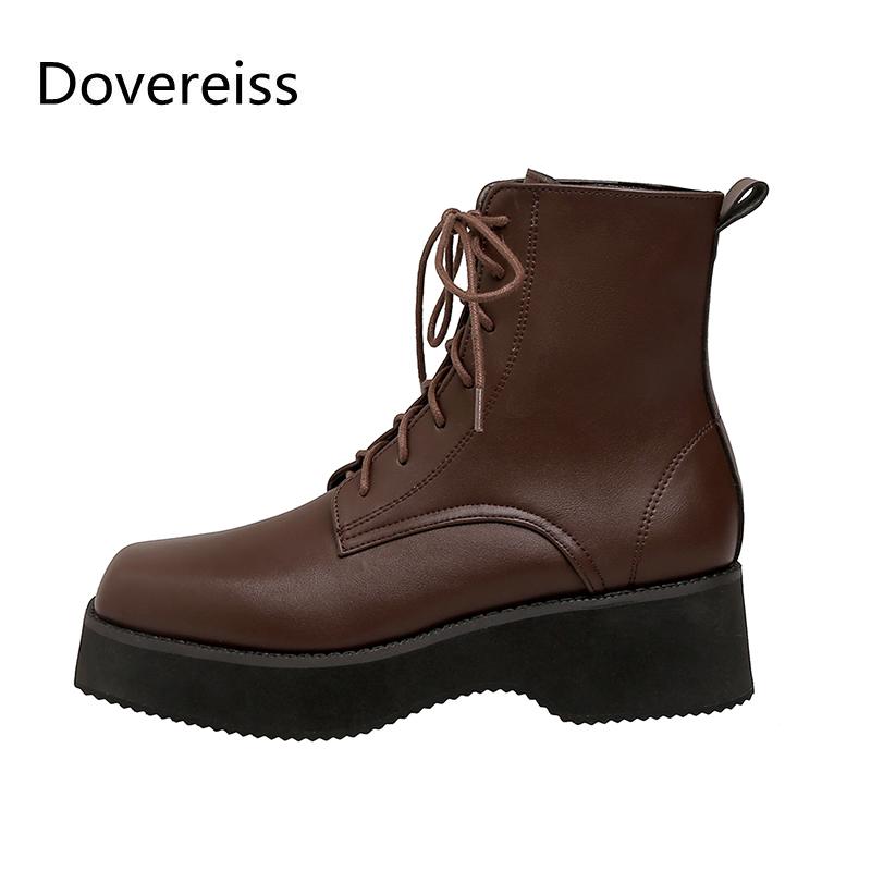 

Boots Winter For Woman Fashion Sexy Consice Shoes Pure Color Square Toe Cross Lacing Short Big Size 43, Black
