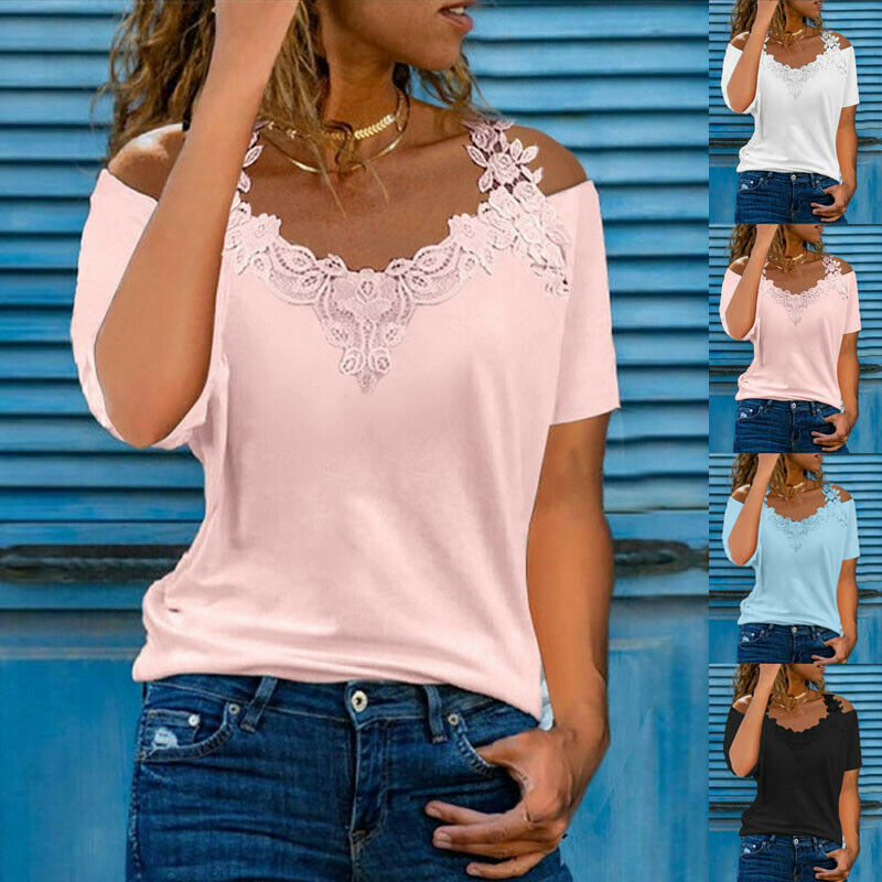 

womens cold shoulder lace t shirt ladies short sleeve blouse plus size, White