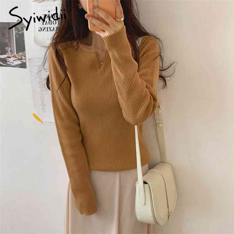 

Stretch Sweater Women Basic V-Neck Solid Pullover Female Knitted Slim Long Sleeve Korean Tops Autumn Winter Black 210607, Beige