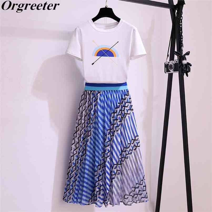 

Summer Striped Print Two Piece Twinset Women' Bohemian Short Sleeve Tshirt + Elastic waist Chiffon Long Skirts Set 210602, Blue