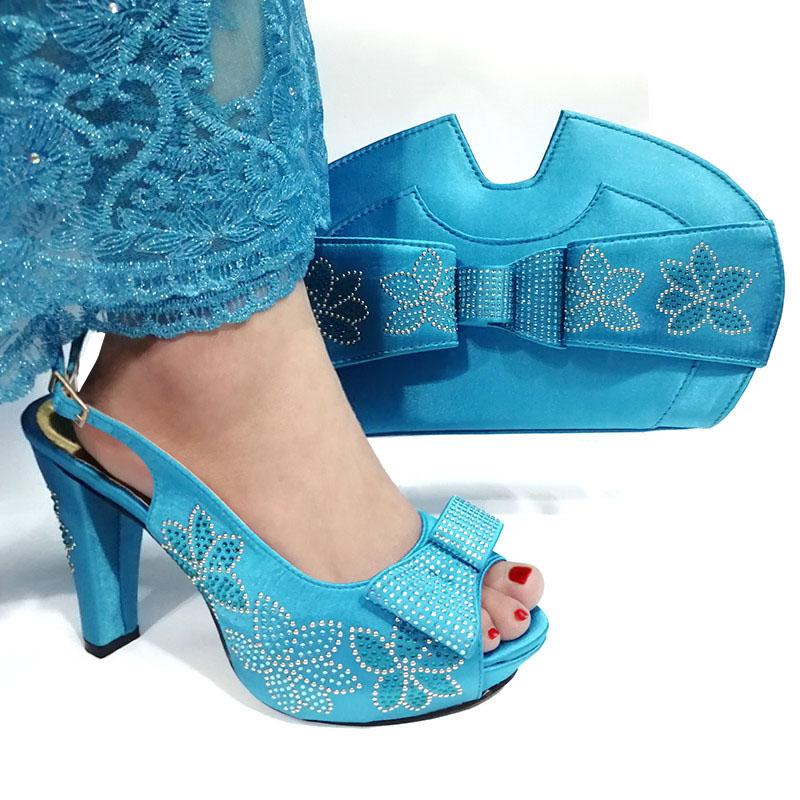

Ladies Fashion Shoes And Bag Set Italian Design Decorated With Rhinestone Matching Bags High Quality Party Sky Blue Dress