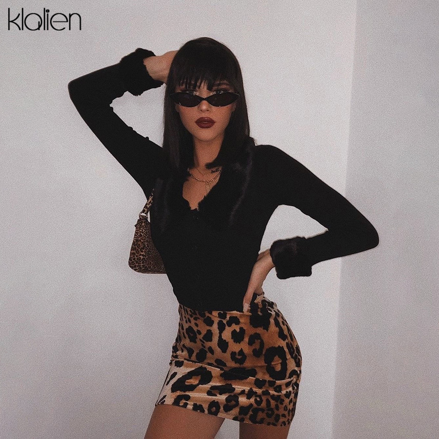 

KLALIEN autumn female coat solid black stretch Slim knitting top women Soft fur collar design casual high street coat 2021