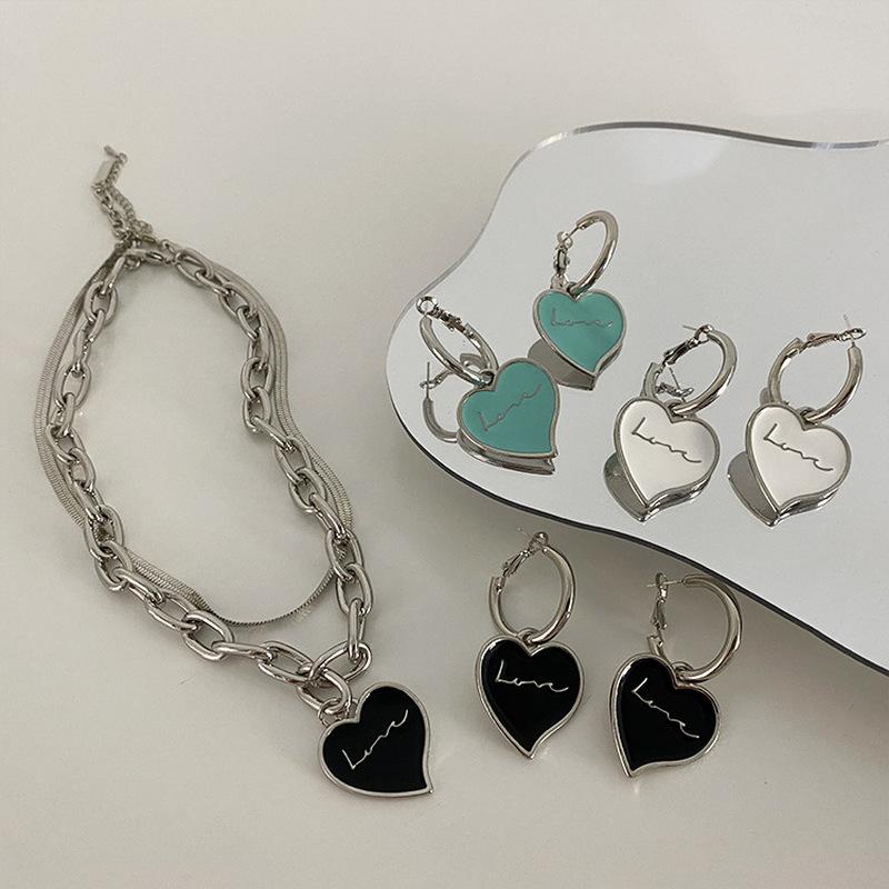 

Earrings & Necklace Origin Summer Temperament Enamel Love Heart Hoop Earring For Women Letter Metallic Black White Blue Jewelry Pendientes, As pic
