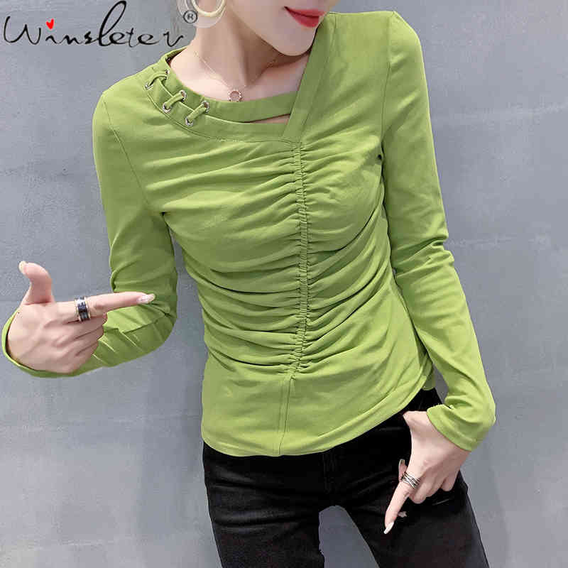 

Women' T-Shirt Fall Winter Korean Style T-shirt Fashion Solid V-Neck Drape Asymmetry Women Tops Ropa Mujer Slim Bottoming Shirt T, Lemon yellow tshirt