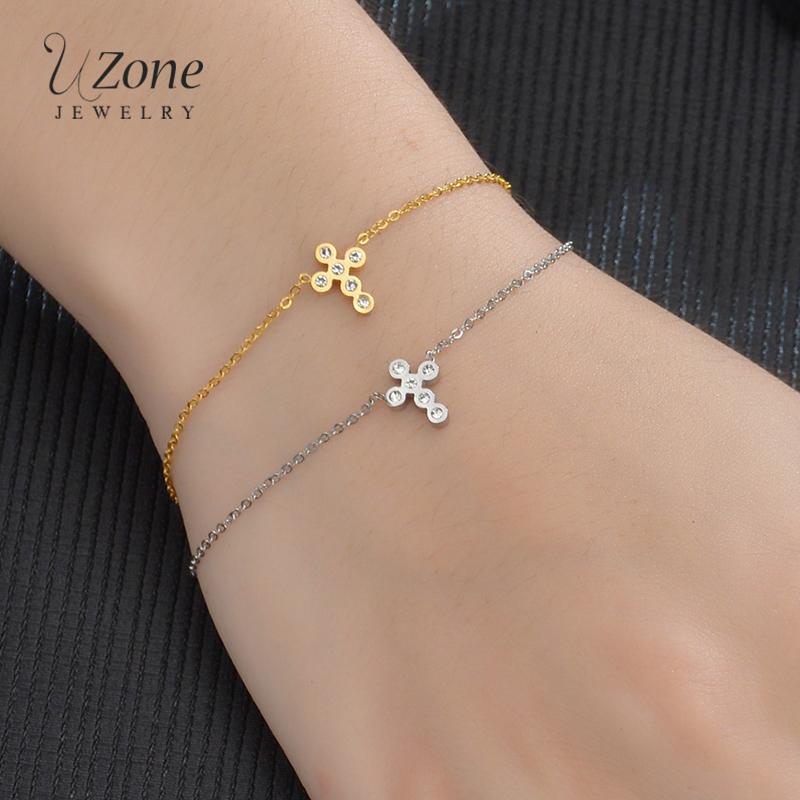 

Charm Bracelets UZone Classic Cross Chain Bracelet Gold Steel Color Stainless Bling Crystal For Women Bracciali Donna, Golden;silver