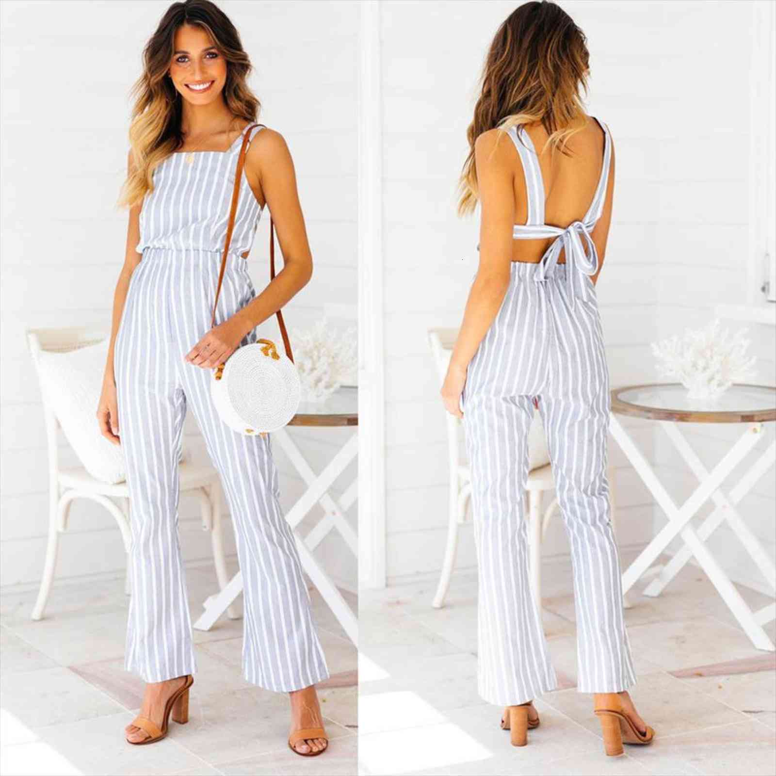 

elegant sleeveless striped womens rompers loose trousers wide leg pants fashion holiday backless overalls, Black;white