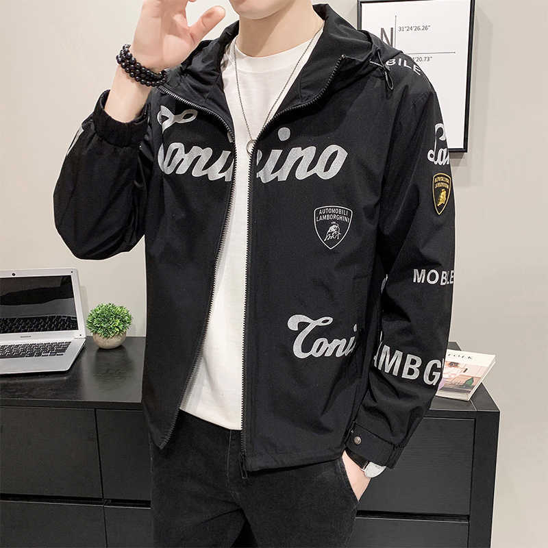 

Mens Hooded Bomber Jacket Spring Autumn Casual Windbreaker Harajuku Streetwear Zipper Jacket Coat Outwear mens clothing 210527, Black