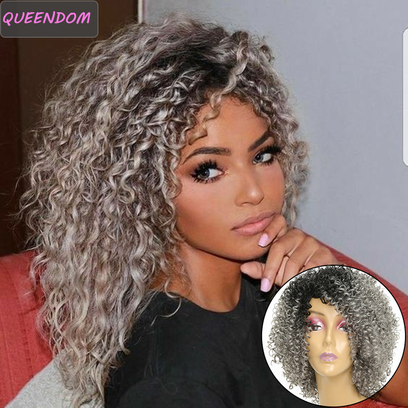Silver Grey Short Afro Kinky Curly Bob Wigs for Black Women Ombre Synthetic Afro American Wig Natural Side Part Cosplay Hair Wig-image-726241266