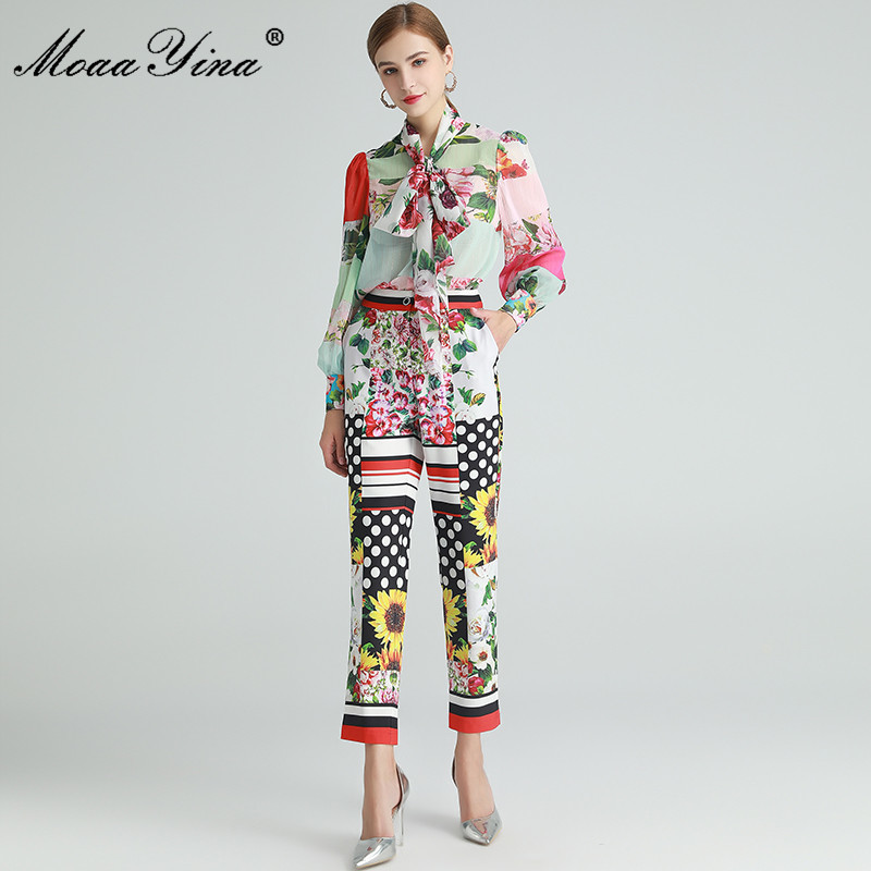 

Fashion Set Summer Women' Long sleeve Floral Print Blouses Tops+Trousers Vacation Two-piece set 210524, Multi
