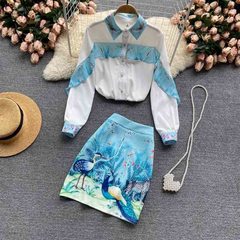 

Professional suit ladies shirt female design sense niche lotus leaf long-sleeved all-match printed skirt two-piece trend 210525, Blue
