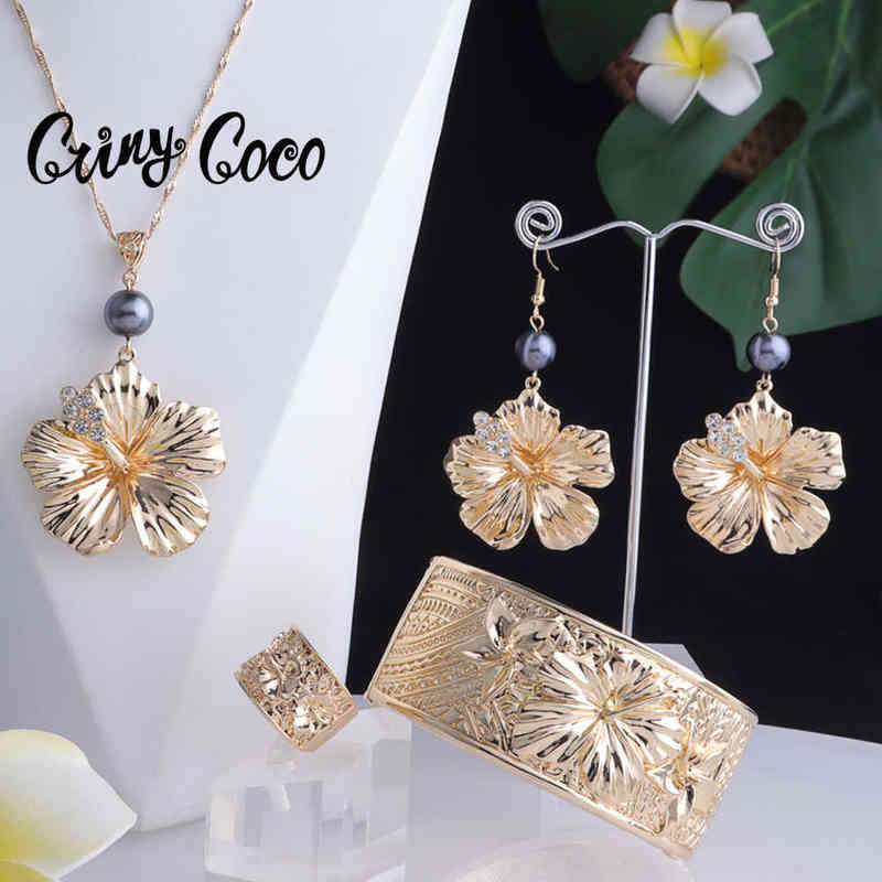 Hawaiian Designer Jewelry Sets Polynesian Hibiscus Flowers Wide Bracelets Bangles Necklace Jewellery Set for Women Mother 211204-image-745844492