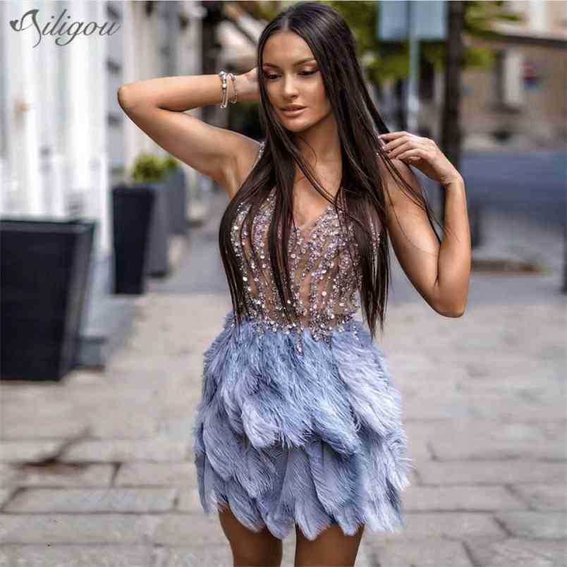 

Summer High Quality Purple Mini Sequined Feather V-Neck Fashion Tight Dress Nightclub Party 210525, Pink