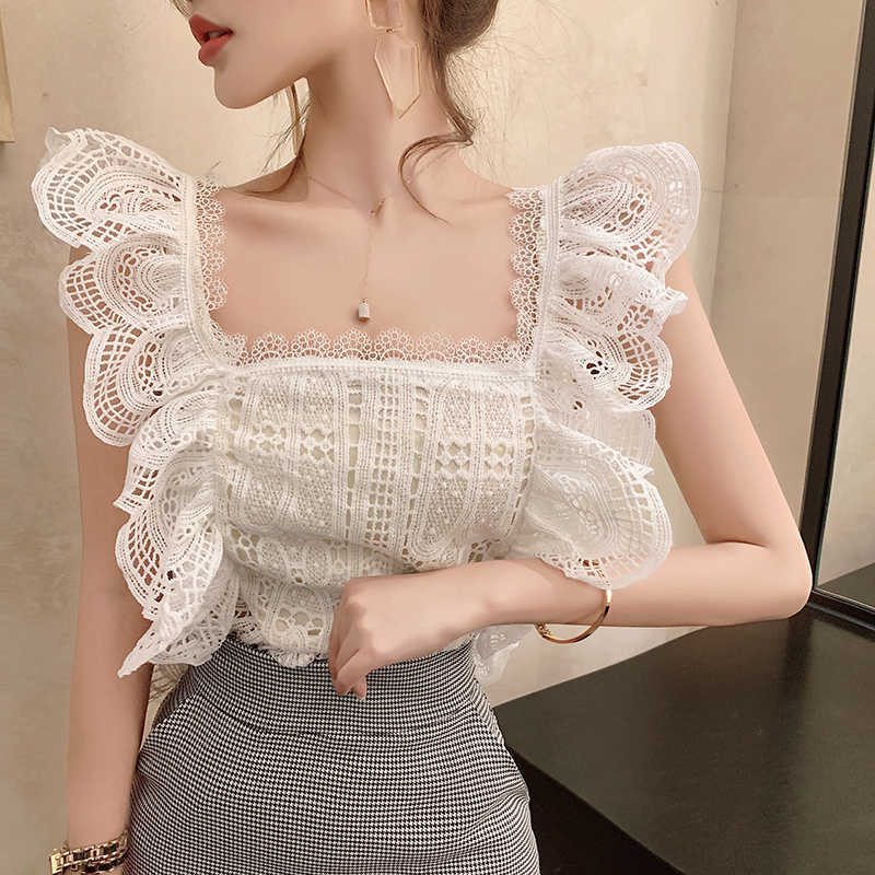 

ZAWFL Summer Women Solid Embroidery Lace Stiching Short Shirt Spaghette Strap Backless Bow Blouse Stylish Tops 210603, White
