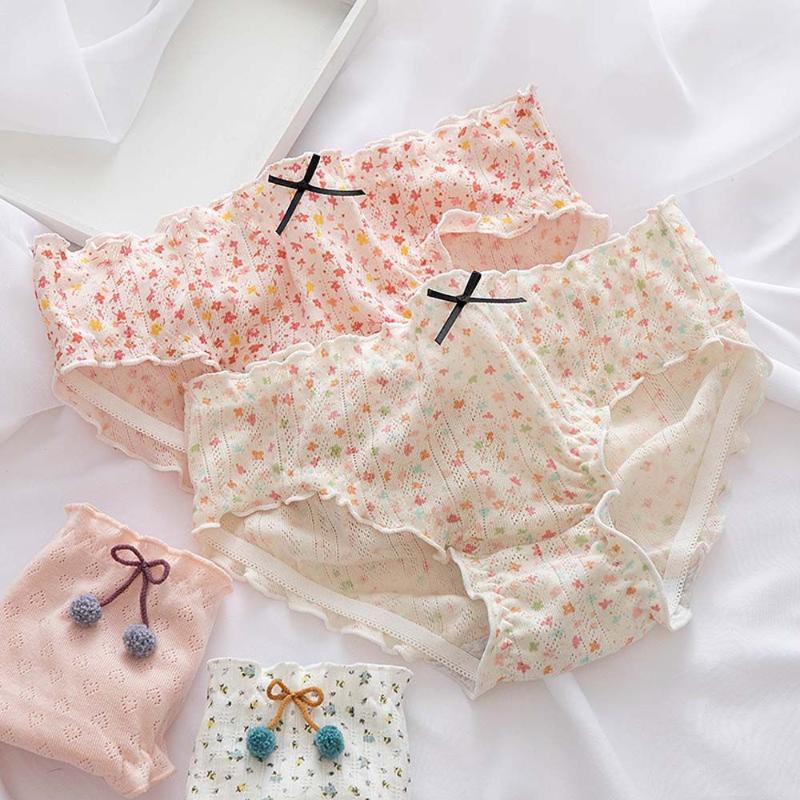 

Women's Panties Summer Simple And Fashionable Cute Printed Ruffled Girl Hollow Mesh Pure Cotton Crotch Mid-Waist Briefs