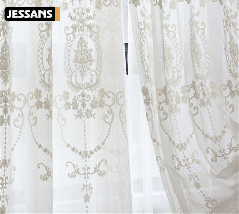 

European Voile Sheer Curtain for Window Bedroom Lace Curtain Fabrics Drapes Embroidered White Tulle Curtain for Living Room 210712