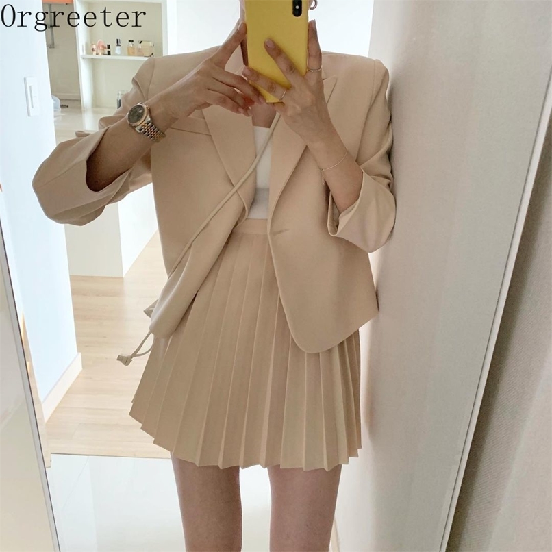 

Temperament Two Piece Set Long Sleeve Notched Blazer and High Waist Pleated Mini Skirt Elegant Korean Casual Outfits Female 210602, Black