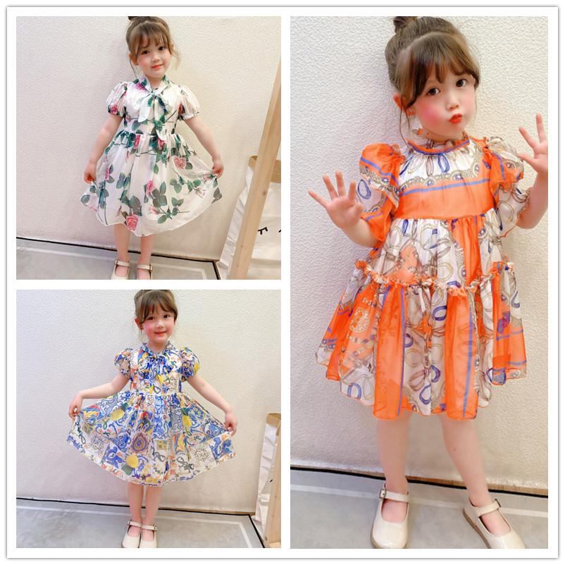 

Baby Girls Dress Kids Letter F Bowknot Summer Short Sleeve Children Casual Designer Clothing, 001