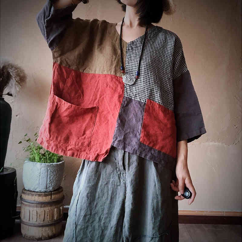 

Johnature Autumn Patchwork V-Neck Tops Vintage Three Quarter Sleeve Linen Women Casual Loose Pockets T-shirts 210521