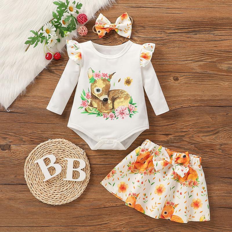 

Clothing Sets 0-18M Baby Girls Cartoon 3pcs Deer Printed Bodysuit +Skirts +Headbands Spring Autumn Infant Outfits Girl Clothes, White