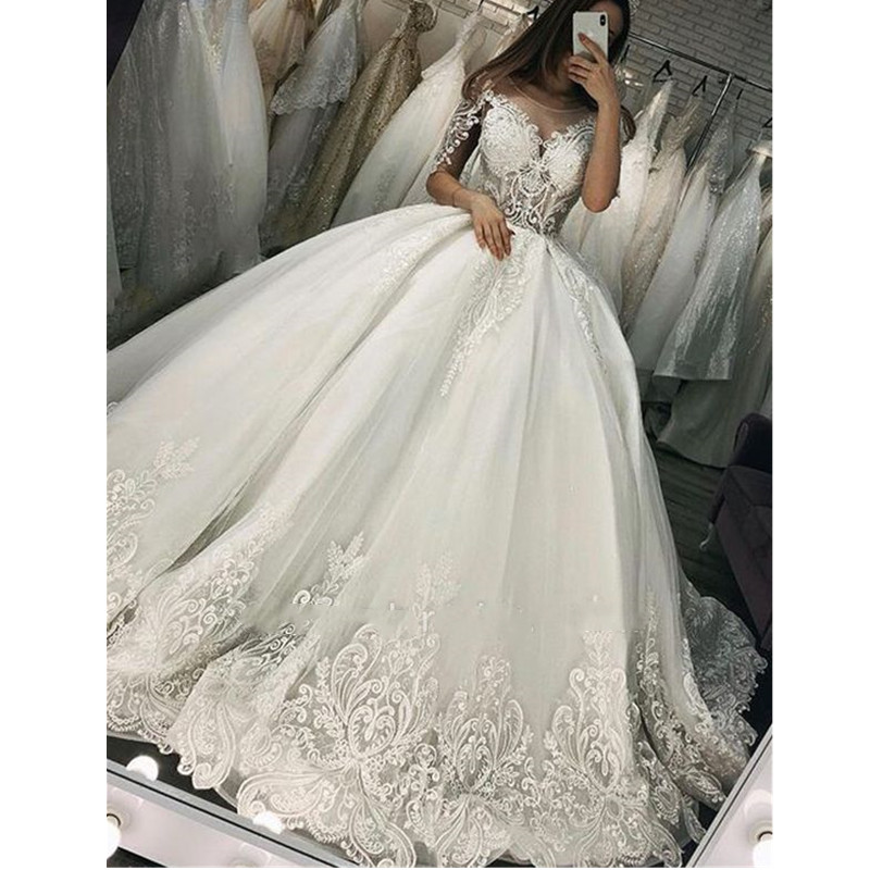 

Gorgeous Newest Dubai Crystal Flowers Ball Gown Wedding Dresses New Long Sleeve Lace Appliques Wed Gowns Bridal Dress, Ivory