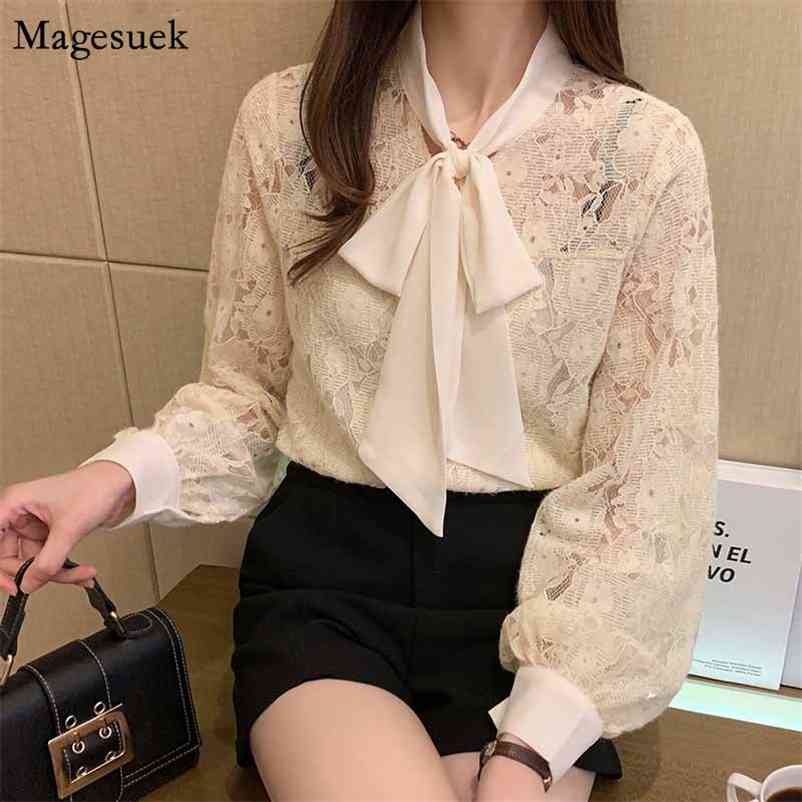 

Female Casual Blouse Women Lace Shirt Autumn and Winter Fashion Korean Bow Tie Lantern Sleeve Blusas Mujer De Moda 10566 210518, Apricot