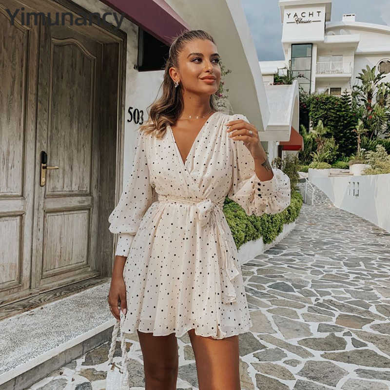 

Yimunancy Dot Chiffon Dress Women Long Sleeve Boho Dress Autumn Ladies V Neck Bow Elegant Dress Robes Y0603, As picture