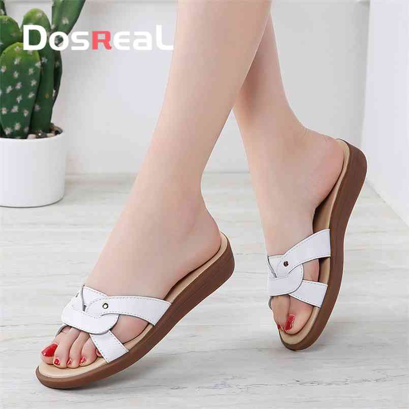 

Dosreal Summer Sandals Women Slippers Slip On Flat Slides Leather Ladies Flip Flops Large Size 210607, Grey