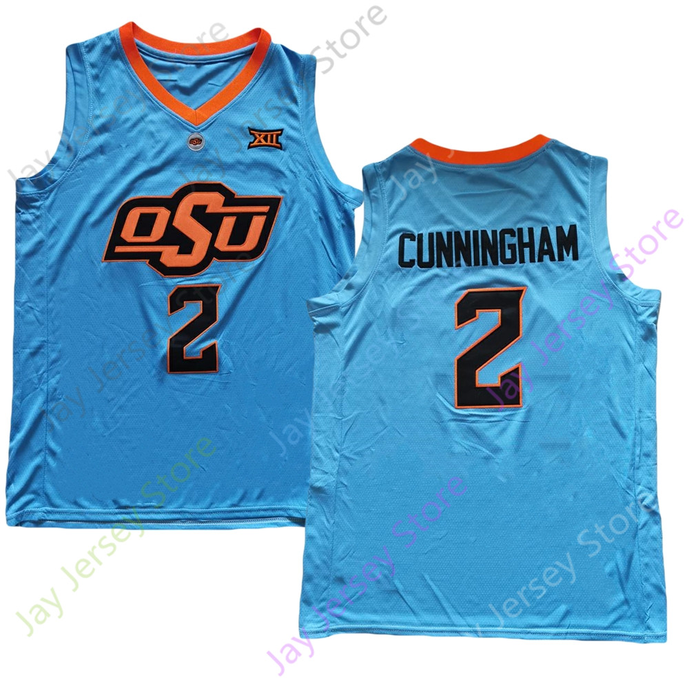 

2021 New NCAA College Oklahoma State OSU Basketball Jersey 2 Cunningham Baby Blue Youth Adult Size S-3XL, As pic