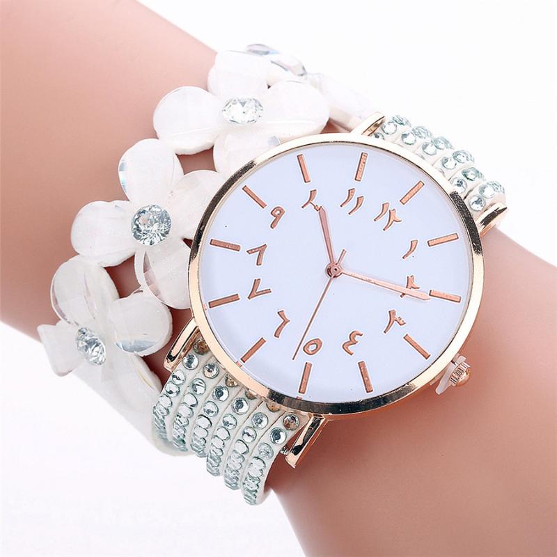 

Wristwatches Drop Women Crystal Diamond Flower Leather Arabic Numbers Watch Casual Ladies Quartz Wrist Relogio Feminino, Red