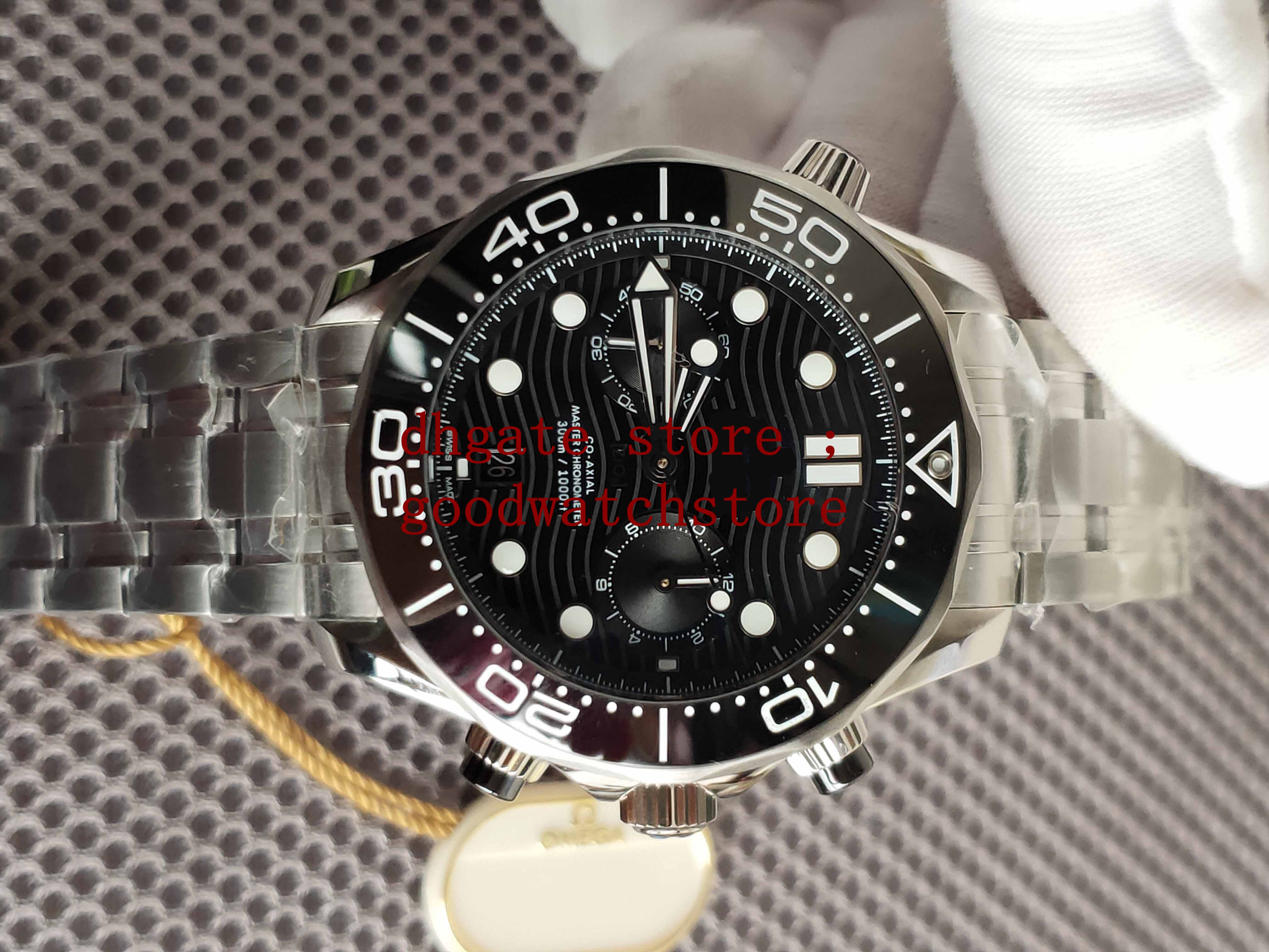 

OMF Factory Mens Wavy Textured Wristwatches Luxury ETA Calibre 9900 44mm High Grade Black Ceramic Bezel Diver 300m Chronograph Automatic Steel 904L Wristwatch