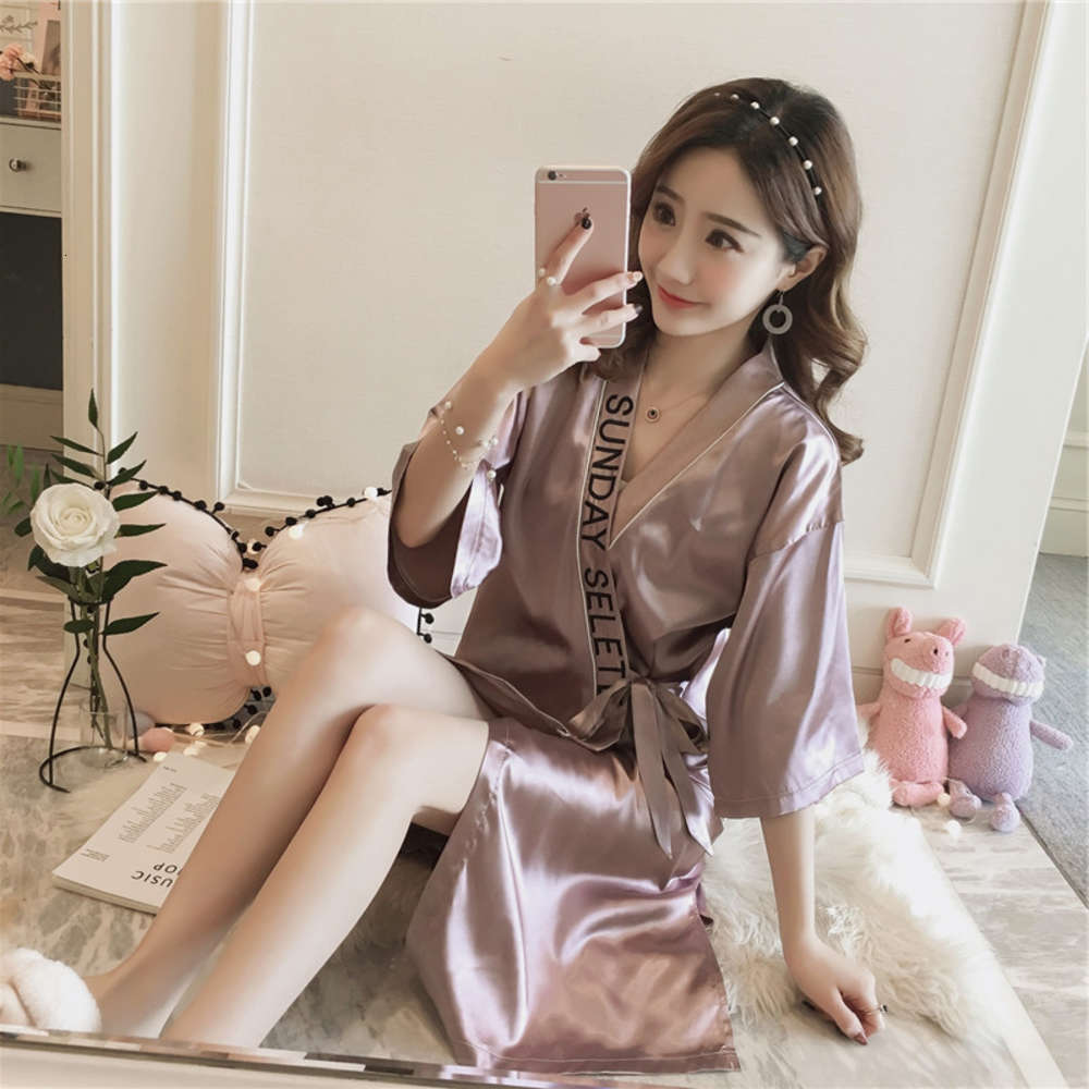 

Korean version pajamas women's summer ice silk sexy thin cardigan nightdress medium length spun nightgown bathrobe home clothes