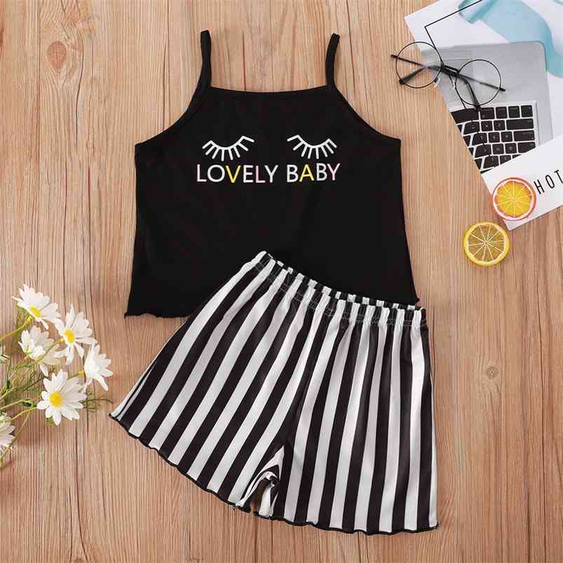 

Summer Style Children Sets Casual Strap Print Eyes Letter Tops Striped Shorts Cute 2Pcs Child Clothes 1-8T 210629, Black