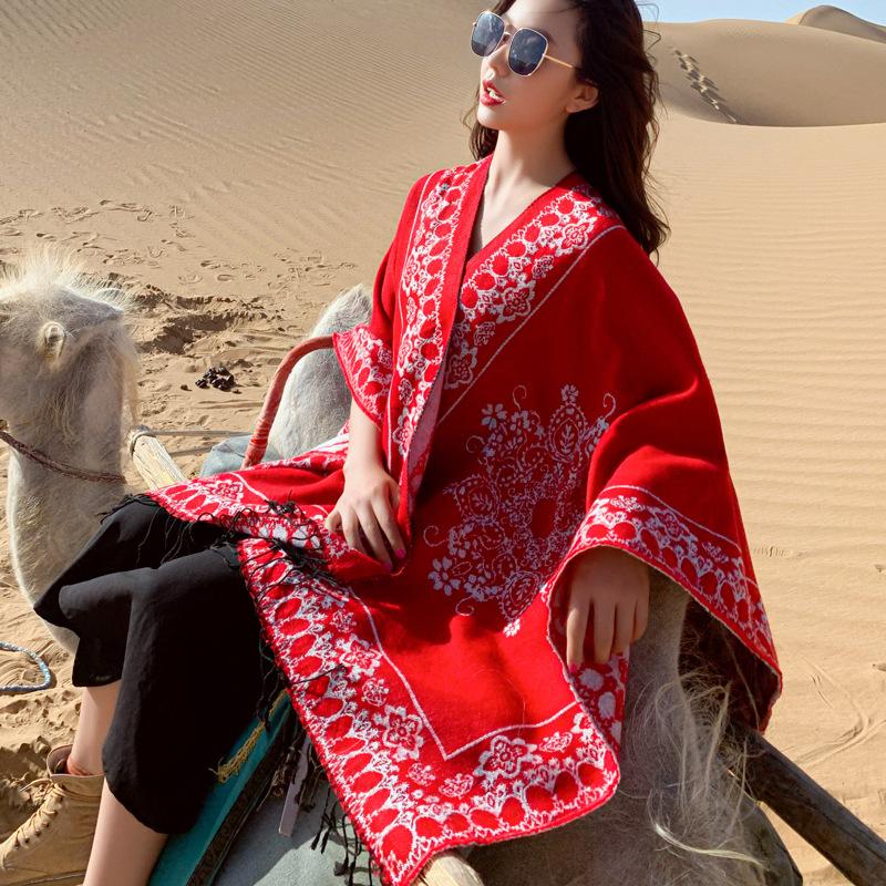 

Scarves OUOI Shawl Scarf Dual-use Thickened Warmth Female Imitation Cashmere Travel Cloak For Autumn And Winter Poncho Head