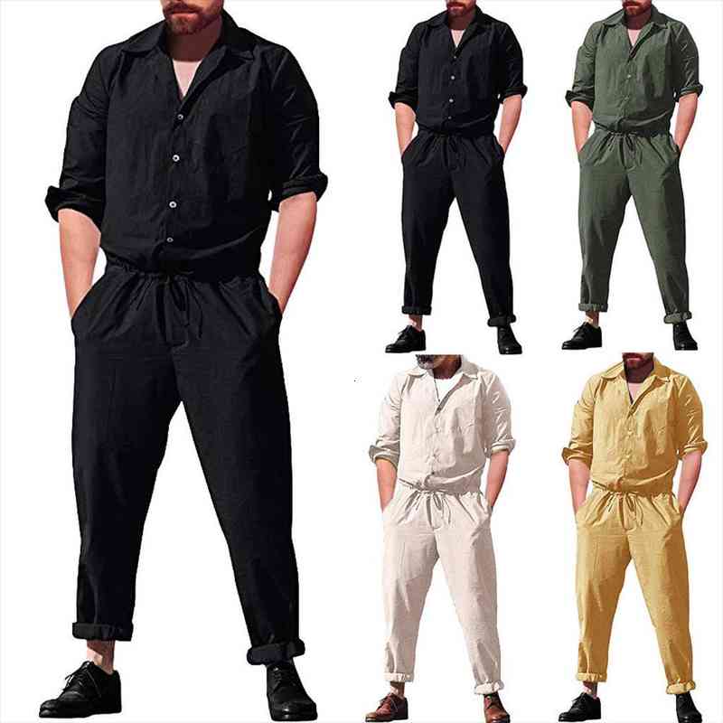

mens slim long romper long sleeve street casual cargo pants jumpsuit siamese trousers solid, Gray