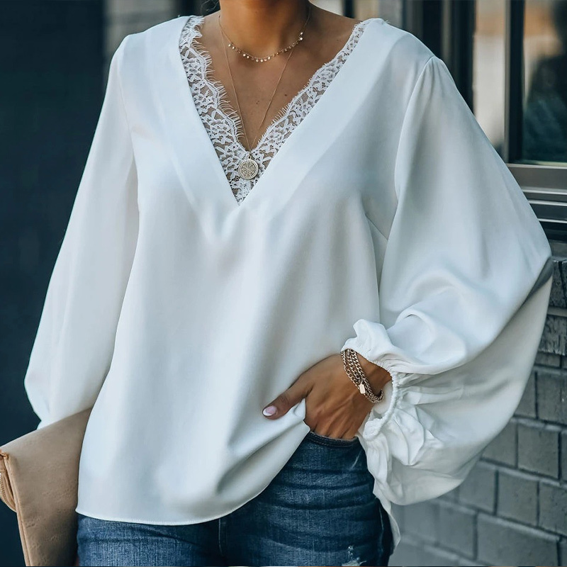 

Chiffon Lantern Sleeve V Neck Solid Women Blouse Lace Patchwork Oversize Female Blouses Spring Casual Ladies Top Elegant 210518, 01 green