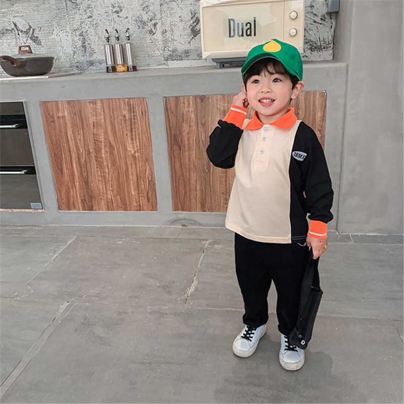 

Spring autumn boys fashion Contrast stitching T shirts cotton casual long sleeve kids children patchwork Tops 210615, Black beige