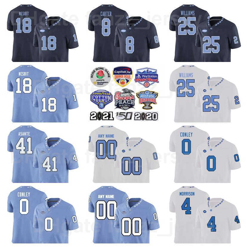 

NCAA College North Carolina Tar Heels Football 18 Bryson Nesbit Jersey 0 JaQurious Conley 7 Eugene Asante 4 Trey Morrison 25 Javonte Williams 8 Michael Carter Men, White